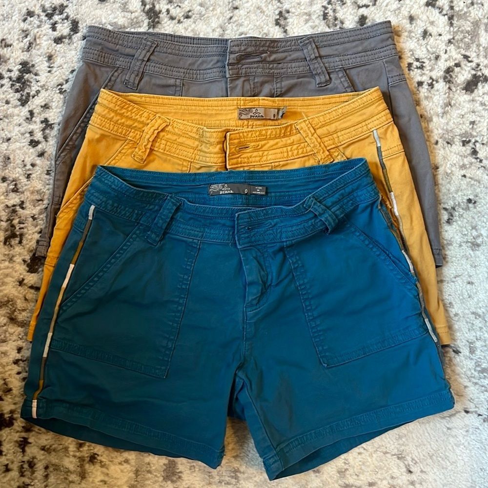 Prana Women's Shorts Trio in Teal, Mustard, and Gray